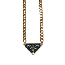 Load image into Gallery viewer, black prada tag necklace repurposed vintage reworked designer jewellery 
